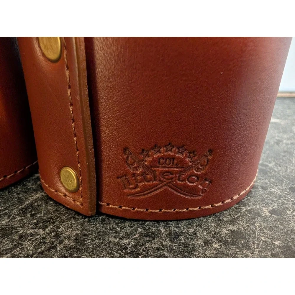 Col. Littleton Leather Koozie Set Brown Steerhide Drink Sleeves Brass Snaps
